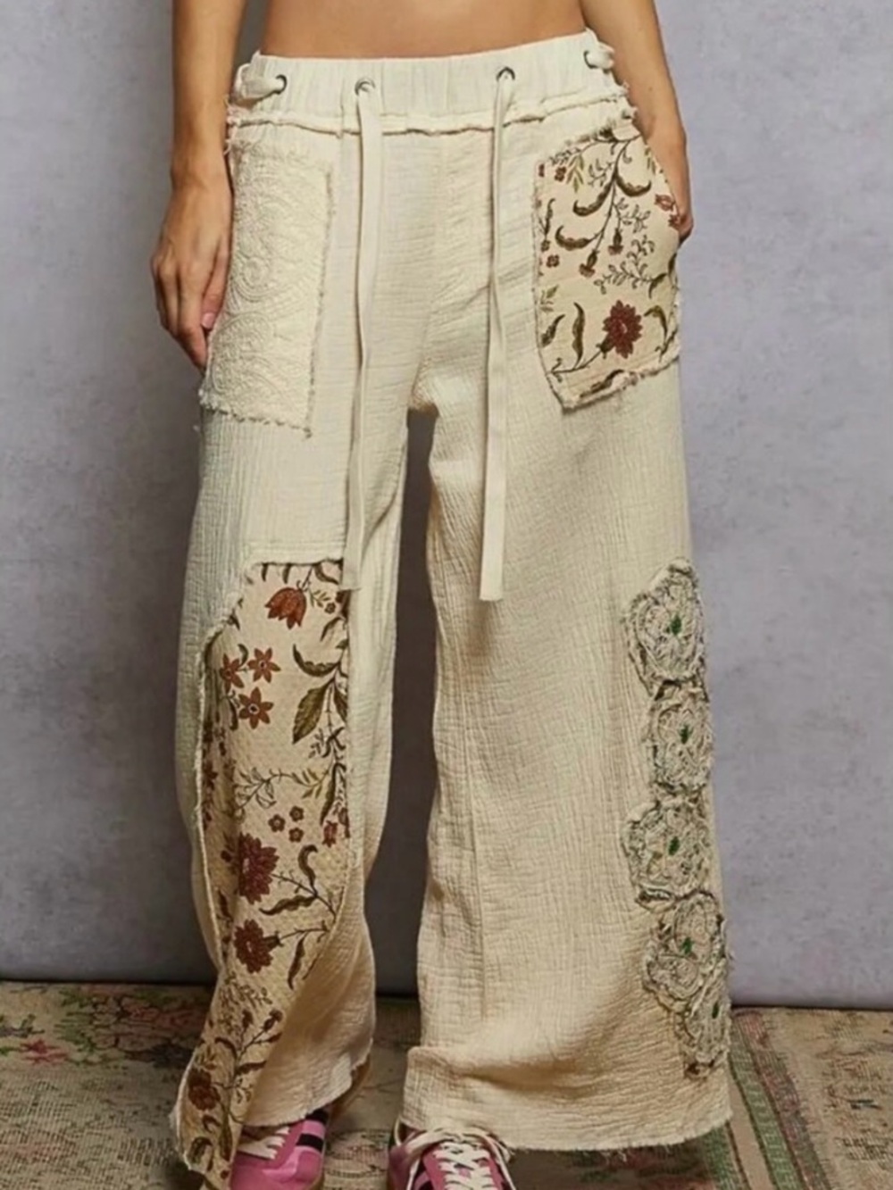 NEW POL48 hr special  : “The Mattie” Cream Boho Patchwork Wide-Leg Pants